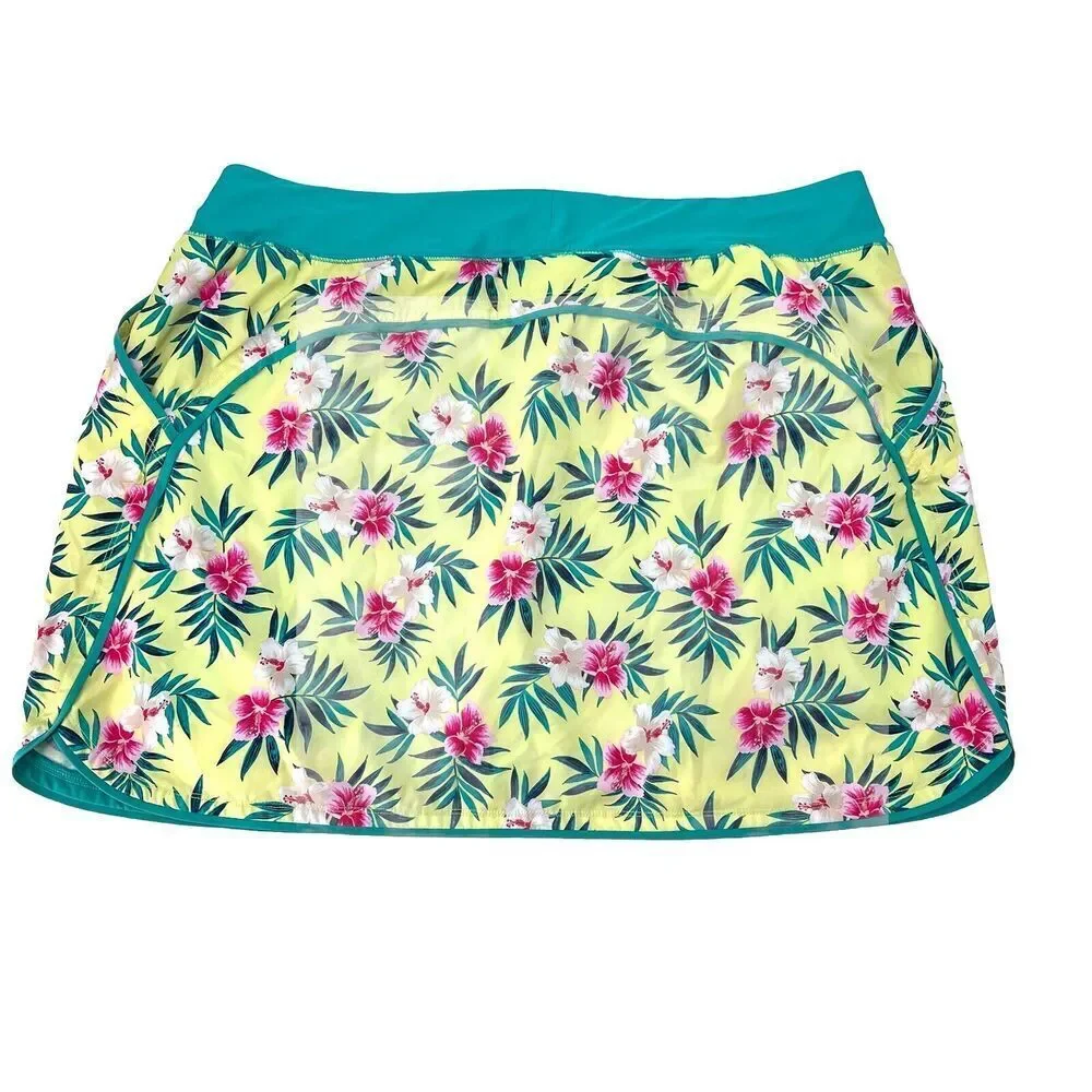 Lands' End Green Yellow Tropical Floral Lined Swim Skirt